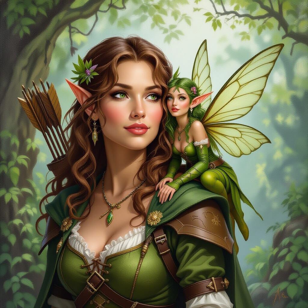 Tiny Fairy Rogue on Elf Huntress Shoulder, Baroque Oil Paint...