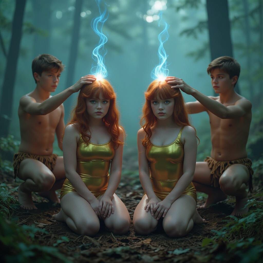 Redhead Twins Hypnotized in Misty Forest, Cinematic Still