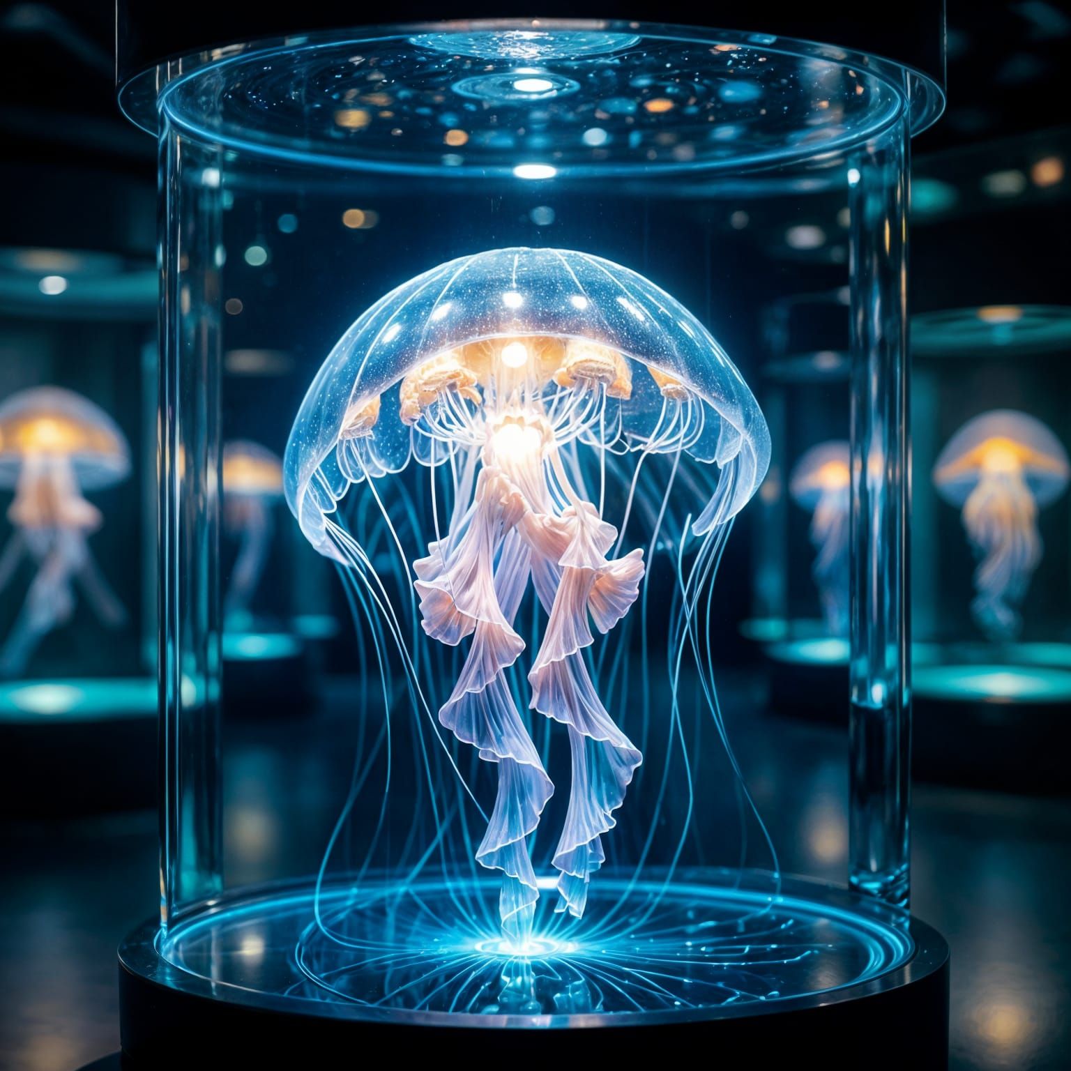 Bioluminescent Jellyfish in Futuristic Museum Display