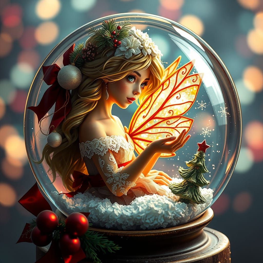 Enchanted Christmas Fairy in a Vibrant Snow Globe Scene