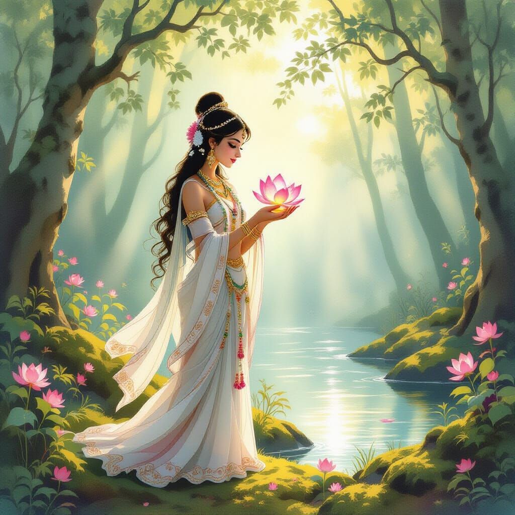 Goddess Radha in Mystical Forest with Glowing Lotus