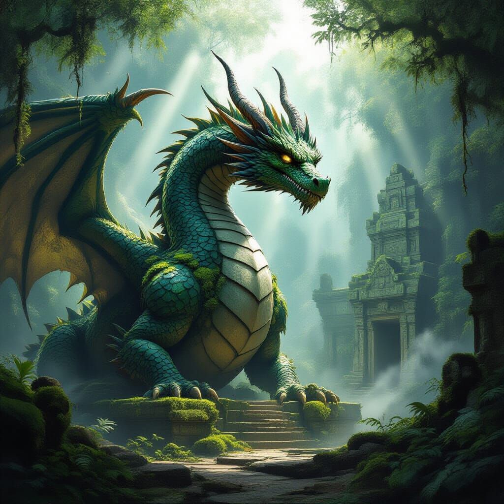 Ancient Granite Dragon Guards Overgrown Temple in Misty Jung...