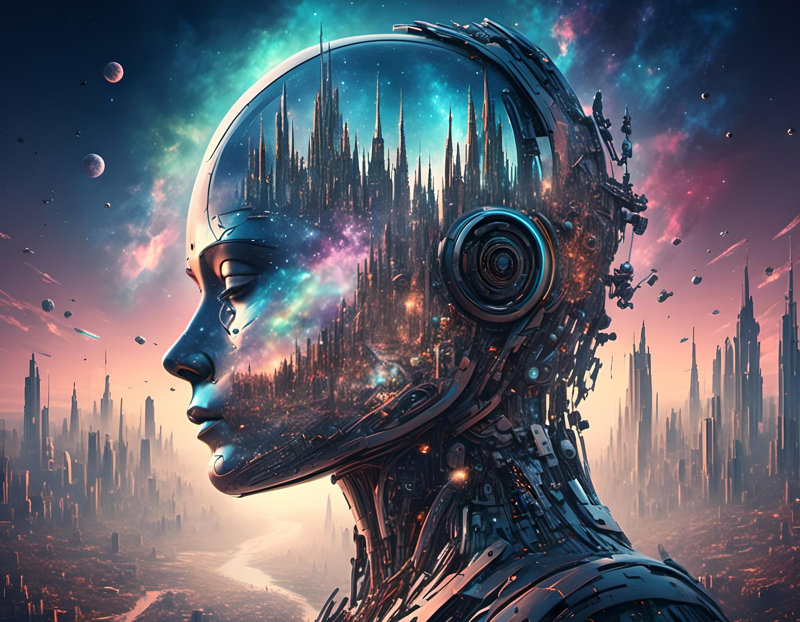 Robot Face Double Exposure in TechFantasy Style