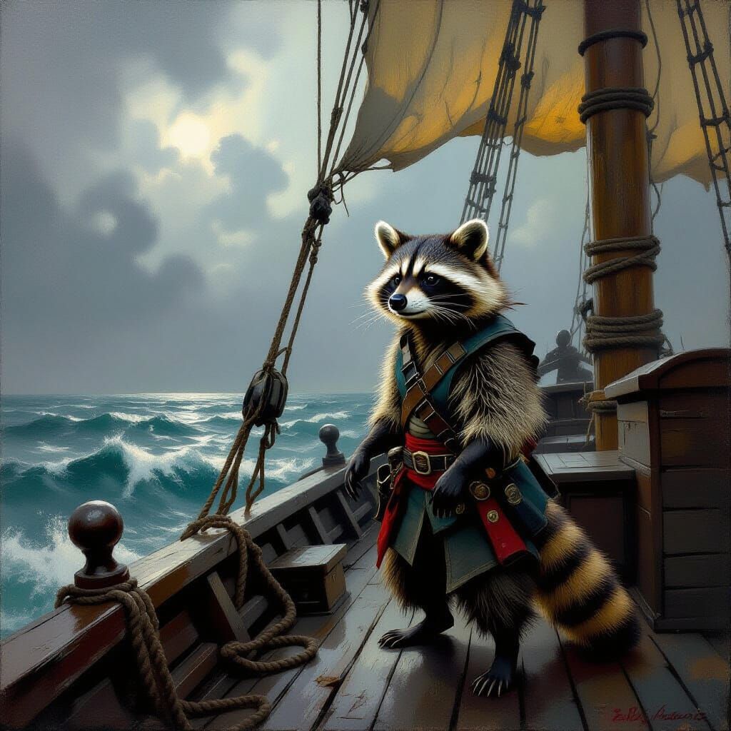 Pirate Raccoon Surveys Post-Apocalyptic Ocean in Oil Paintin...