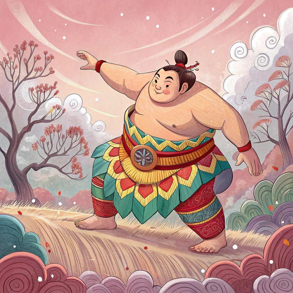 Whimsical Sumo Wrestler in Anime Landscape