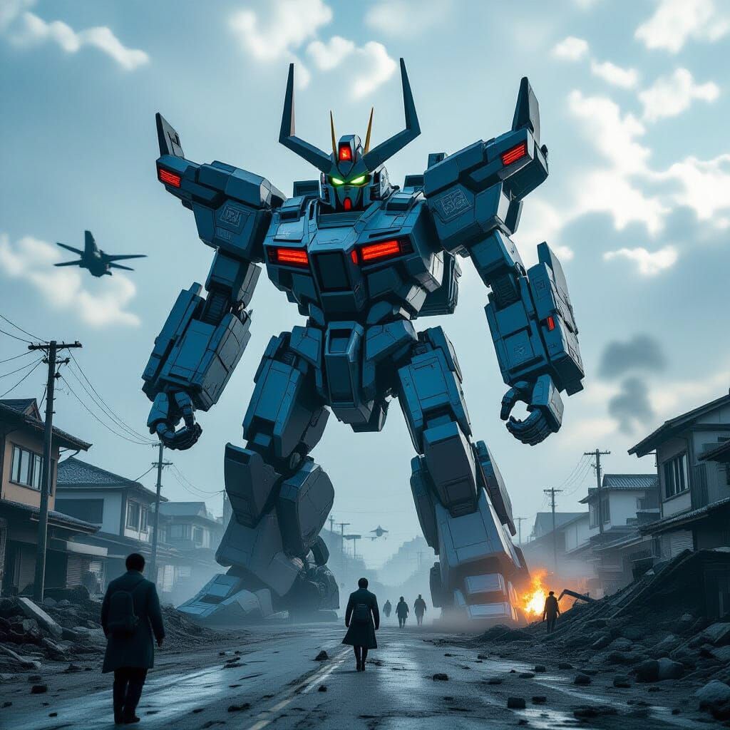 Giant Robot Defends Devastated Town in Cinematic Style
