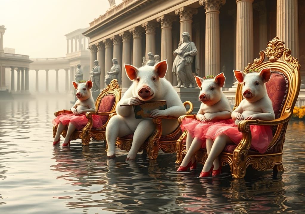 Surreal Piglets in Rome: A Dreamscape Painting