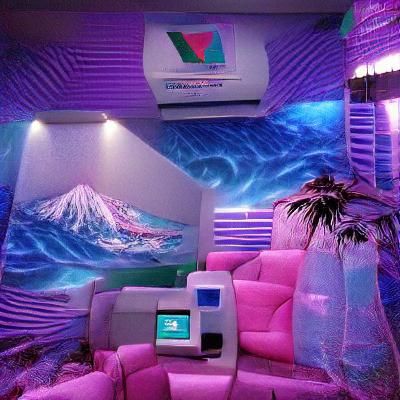 Vaporwave Lounge Interior: Retro-Futuristic Digital Art