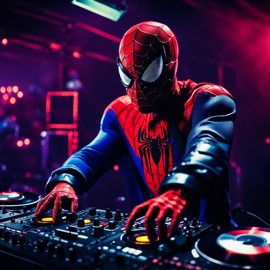 Spiderman as DJ: Cinematic Film Still
