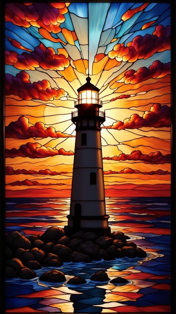 Stained Glass Lighthouse at Sunset
