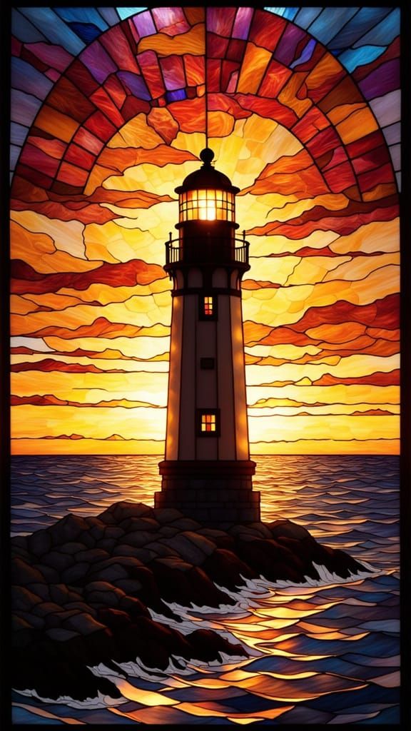 Stained Glass Lighthouse at Sunset