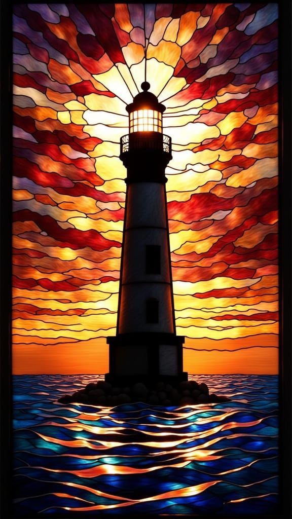 Stained Glass Lighthouse at Sunset