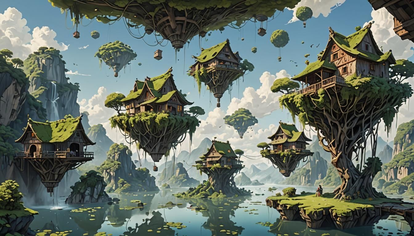 A surreal scene of floating islands in the air, connected by ancient vine-covered bridges