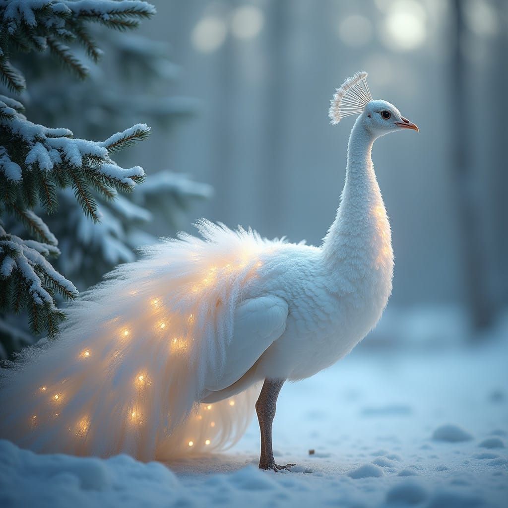 Surreal Snow White Peacock Illuminates Frosty Winter Scene i...