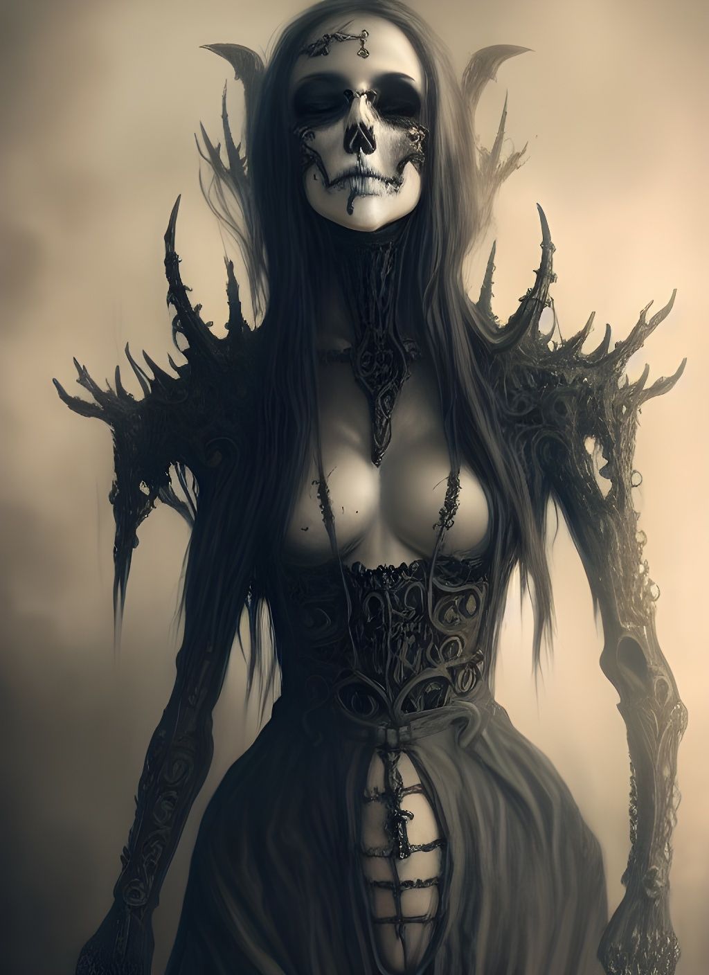 Gothic Necromancer in Bone Armor: Digital Illustration