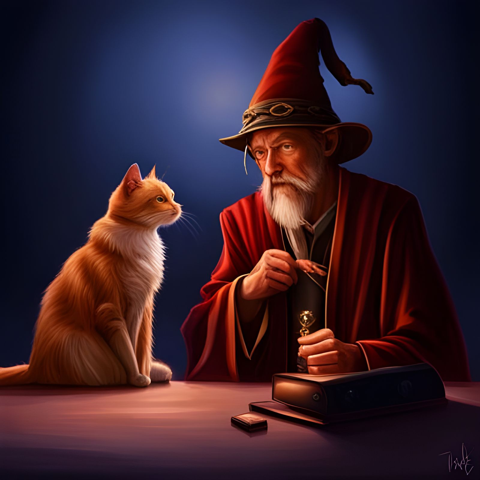 Hyperrealistic Wizard and Cat with Dramatic Lighting