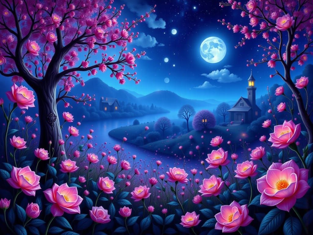 Atmospheric Spring Night with Roses and Moonlight