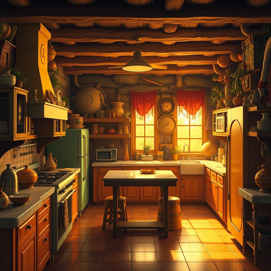 Vintage 1970s Kitchen Interior in Warm Golden Light