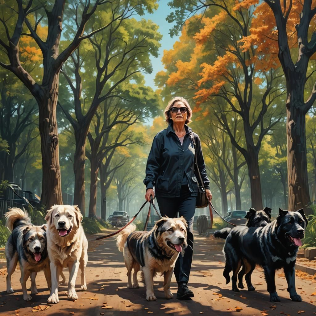 Woman Walking Dogs: Hyperrealistic Splash Art