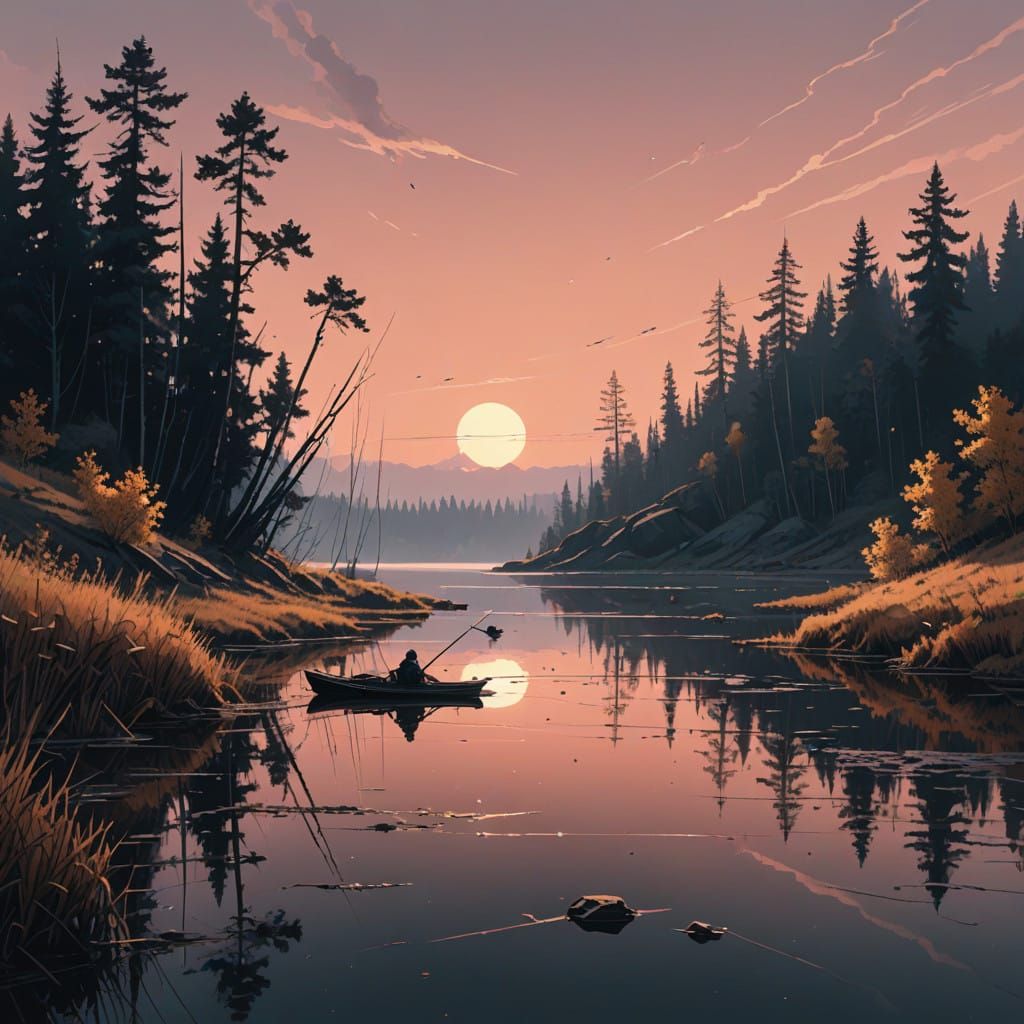 Serene Black Night Lake Scene in Digital Painting Style