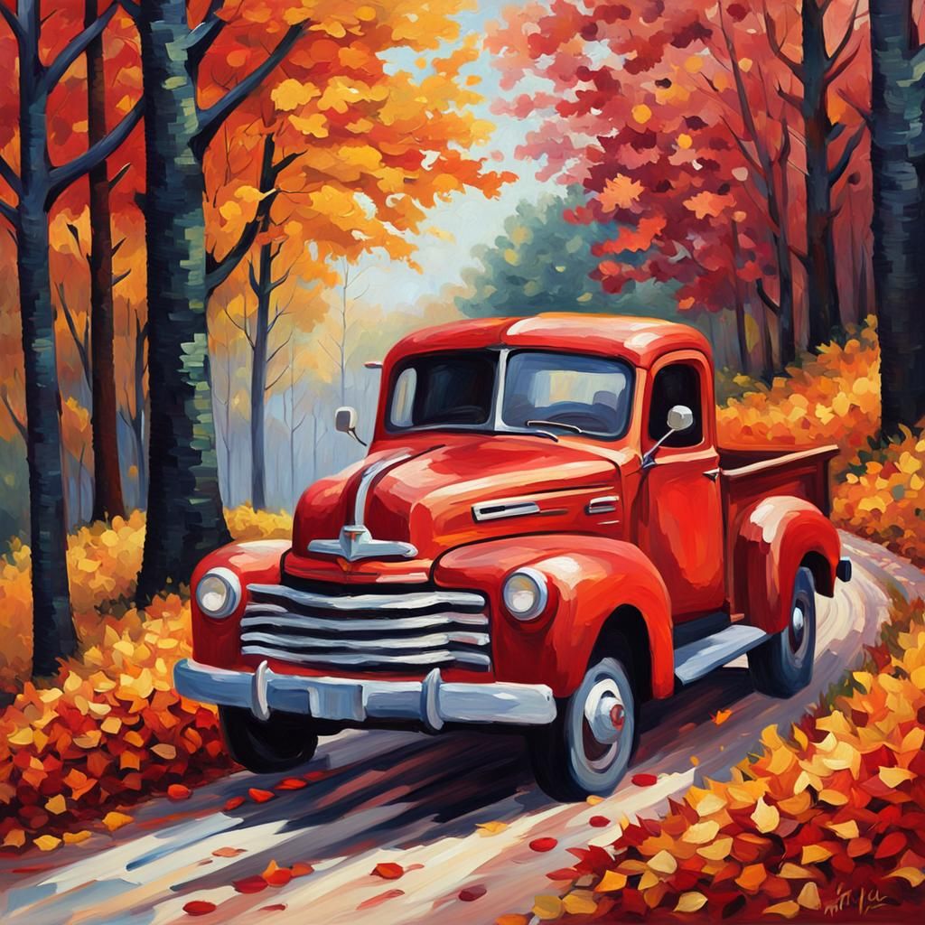 Vintage Red Truck Among Autumn Leaves as Impasto Painting