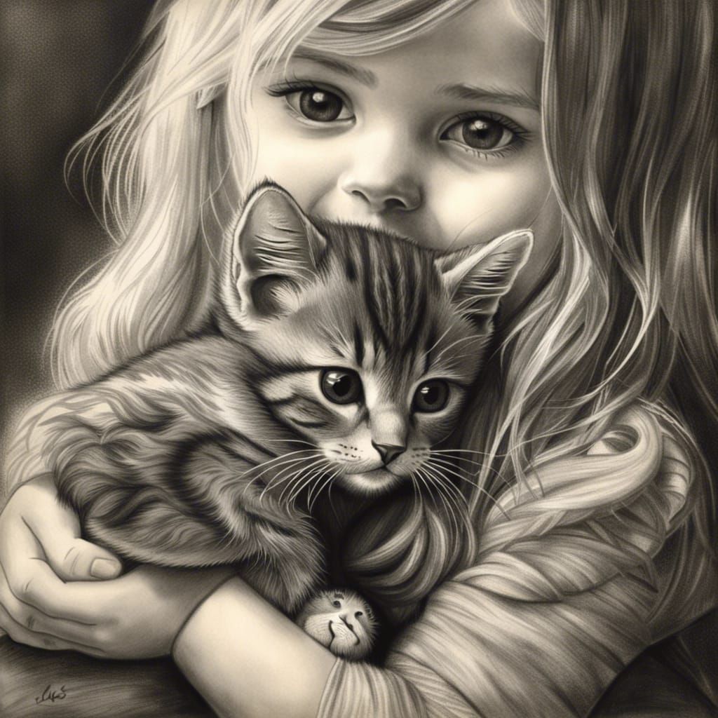 Girl Holding Kitten in Hyperdetailed Charcoal Drawing