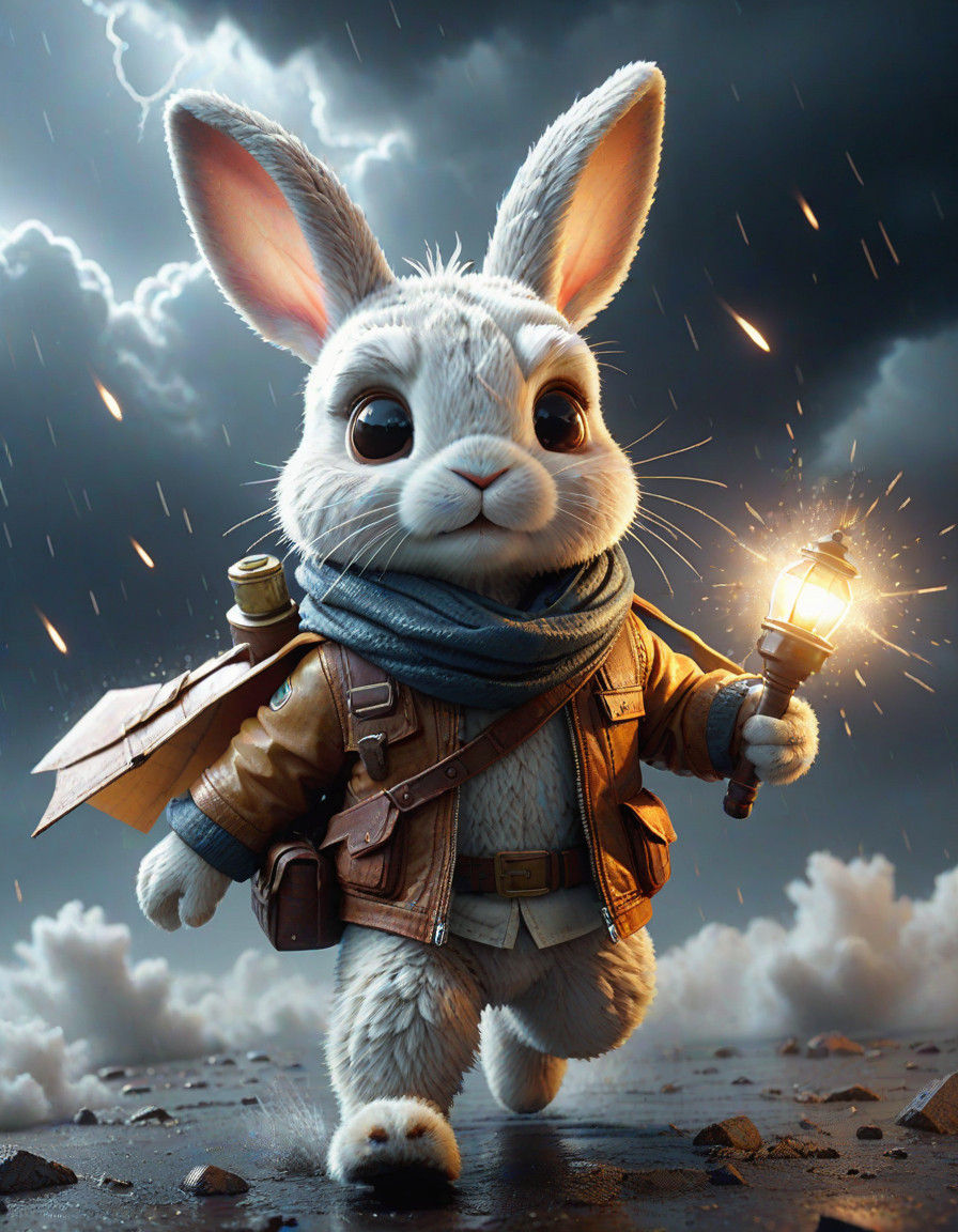 Bunny Aerialist Soars Through Stormy Skies in Cinematic CGI