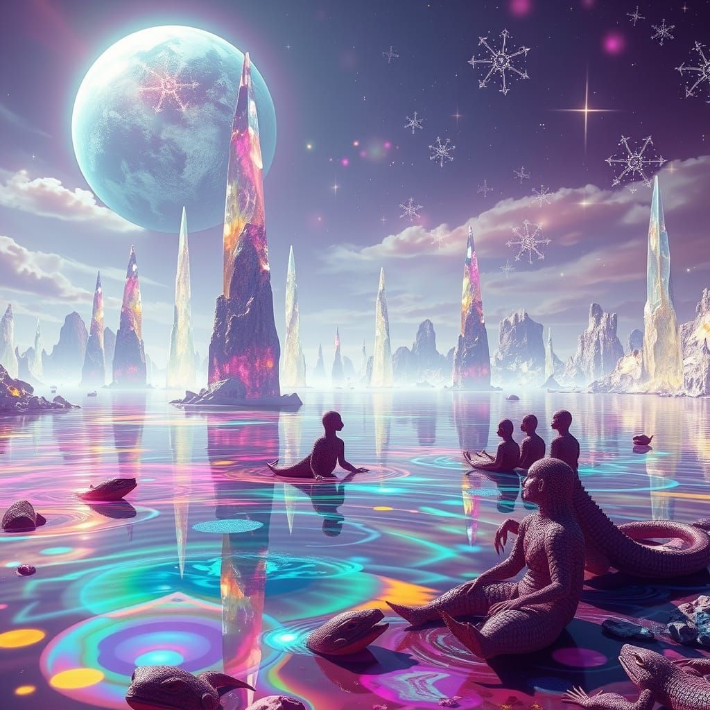 Vibrant Planet with Crystal Spires, Iridescent Lakes, and Et...