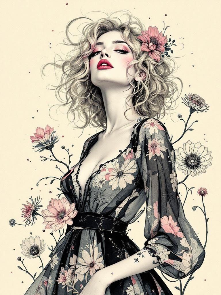 Pin-Up Woman with Pink Hair in Organic Precision Illustratio...