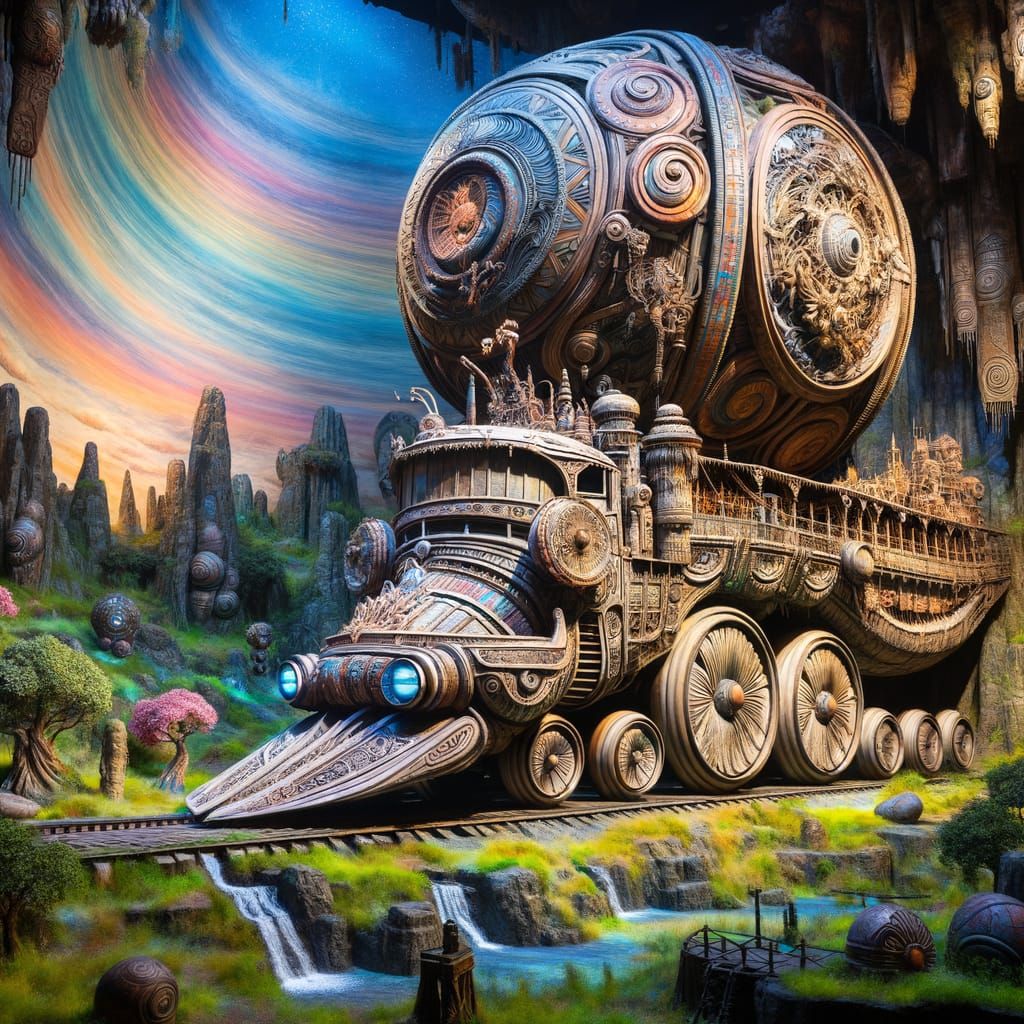 Whimsical Tribal Train in Nostalgic Fantasy Landscape