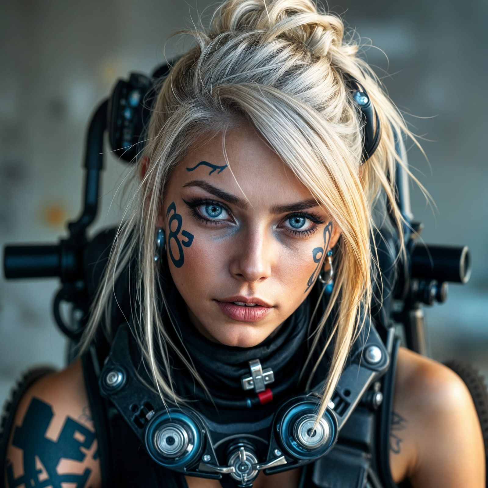 Electric Punk Goddess with Azure Eyes and Biomechanical Tatt...