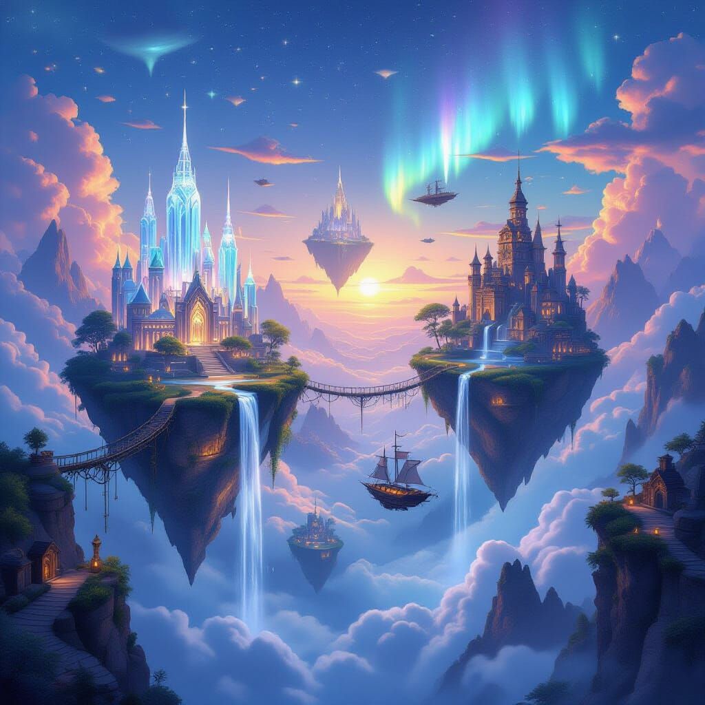 Fantasy Floating Islands at Twilight in Dreamy Sky