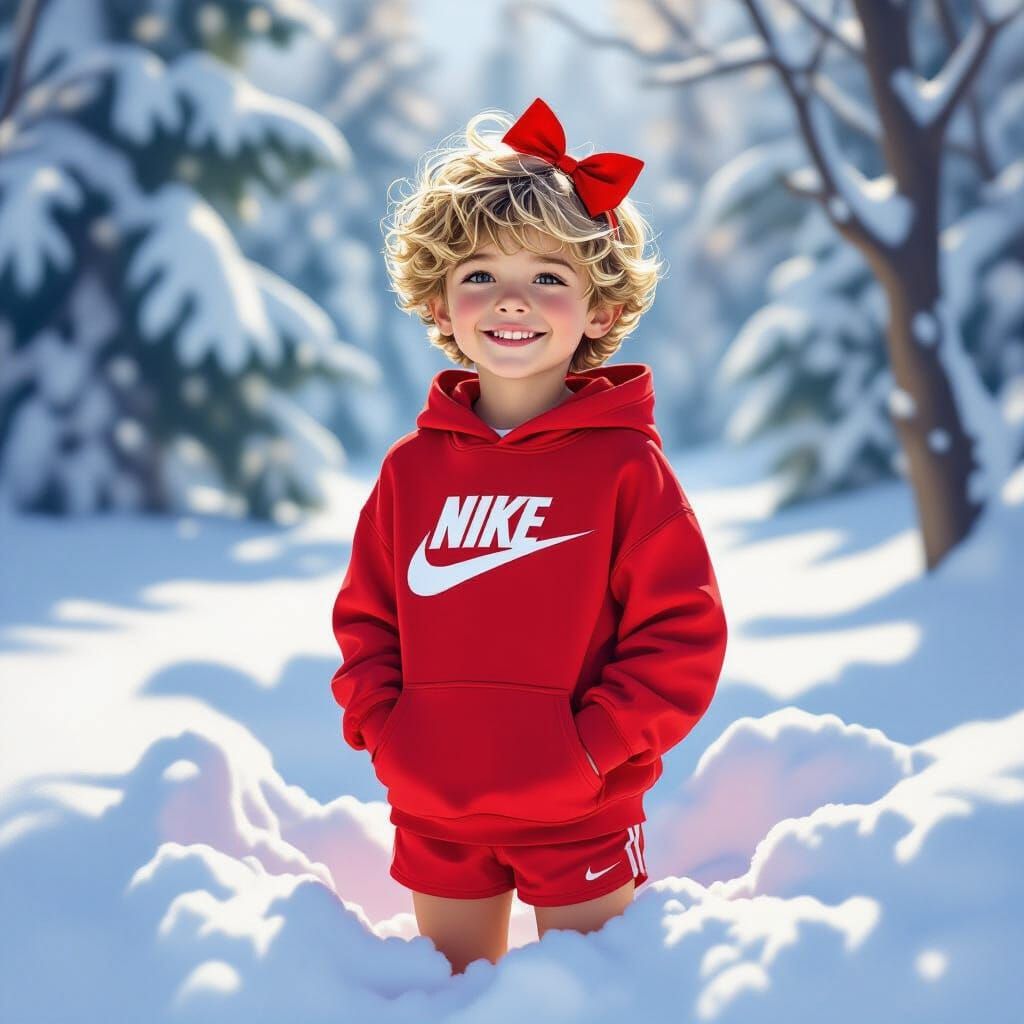 Boy in Snow Wearing Red Nike Outfit with Hair Bow