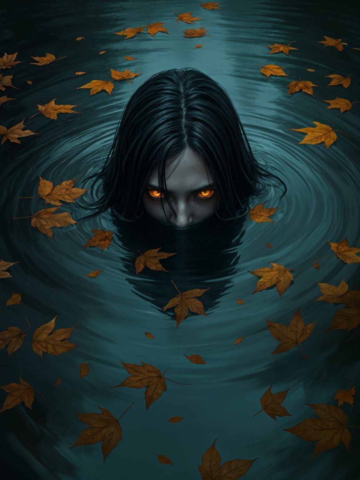 Eerie Figure with Glowing Eyes in Autumn Water
