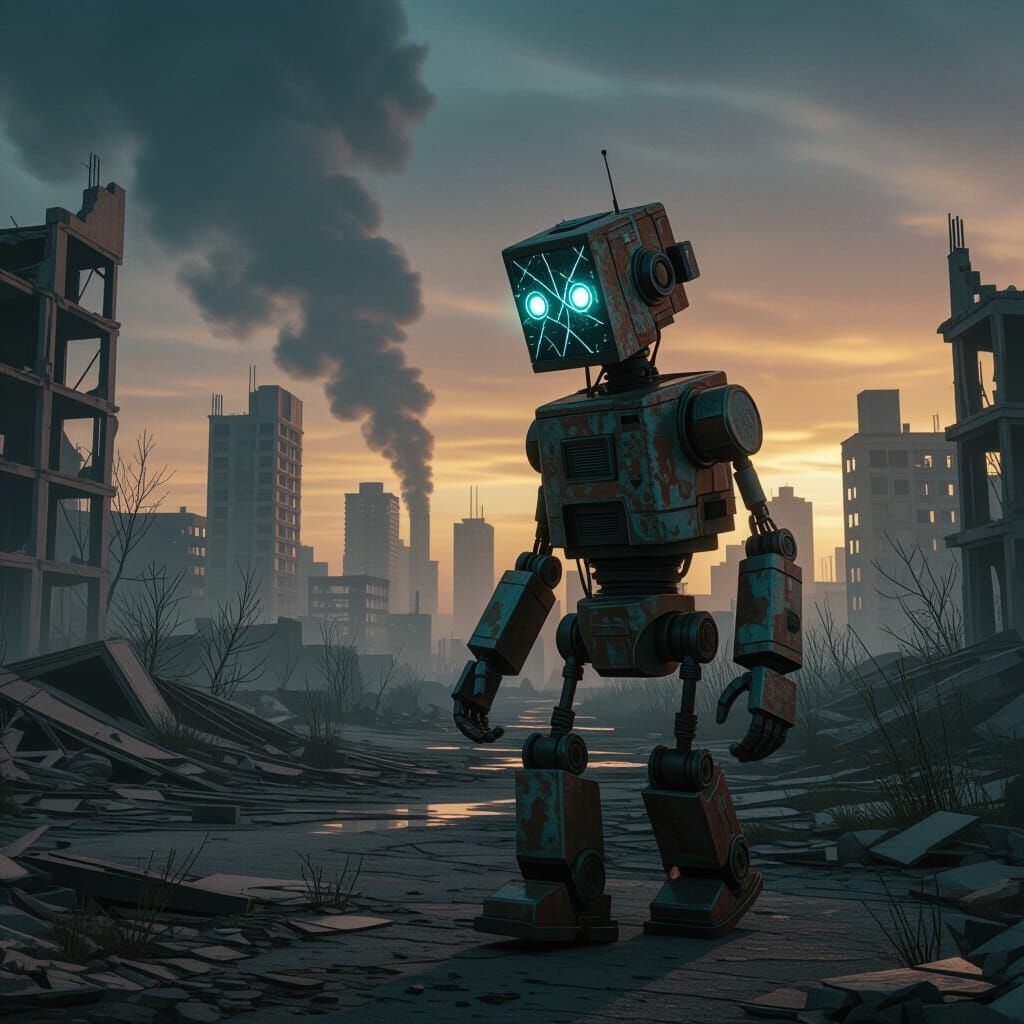 Dystopian Robot Wanderer in Post-Apocalyptic Cityscape