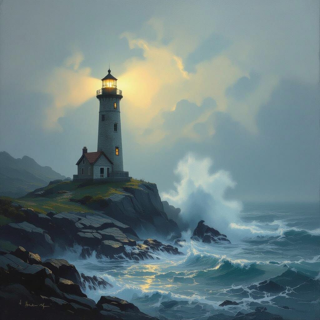 Lighthouse Beacon Cutting Through Dense Fog, Maritime Painti...