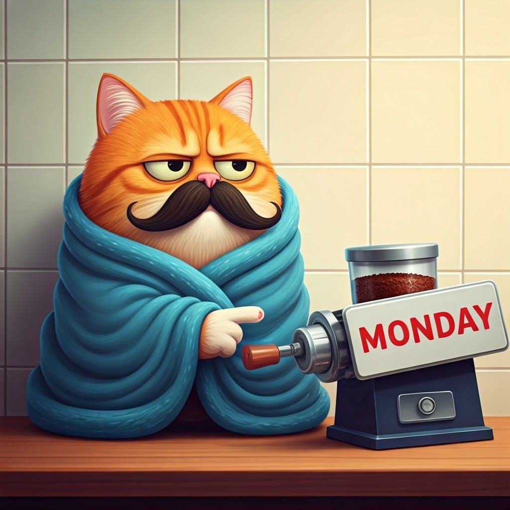 Cartoon Cat Scowls at Grinder in Cozy Monday Blues