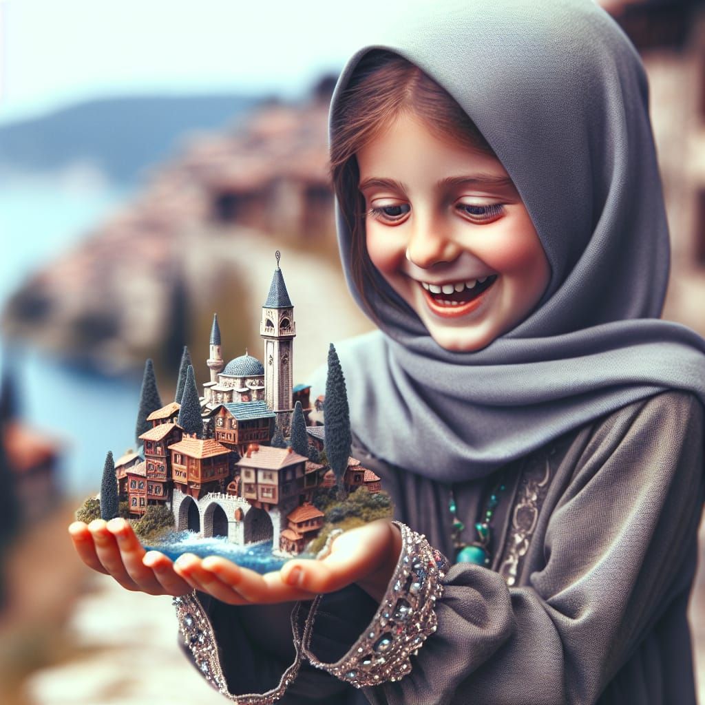 Girl Holds Miniature Victorian Village in Her Hand