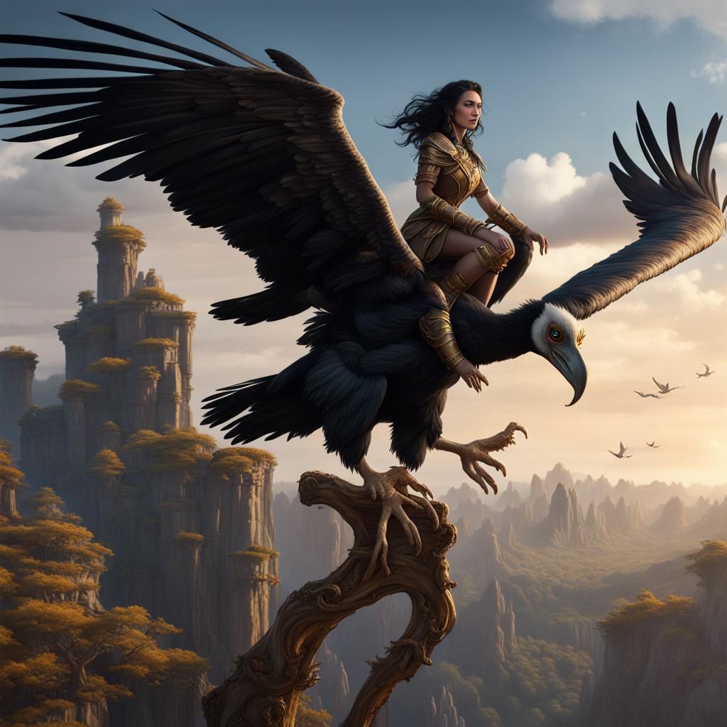Half-Elf Woman Riding a Giant Vulture