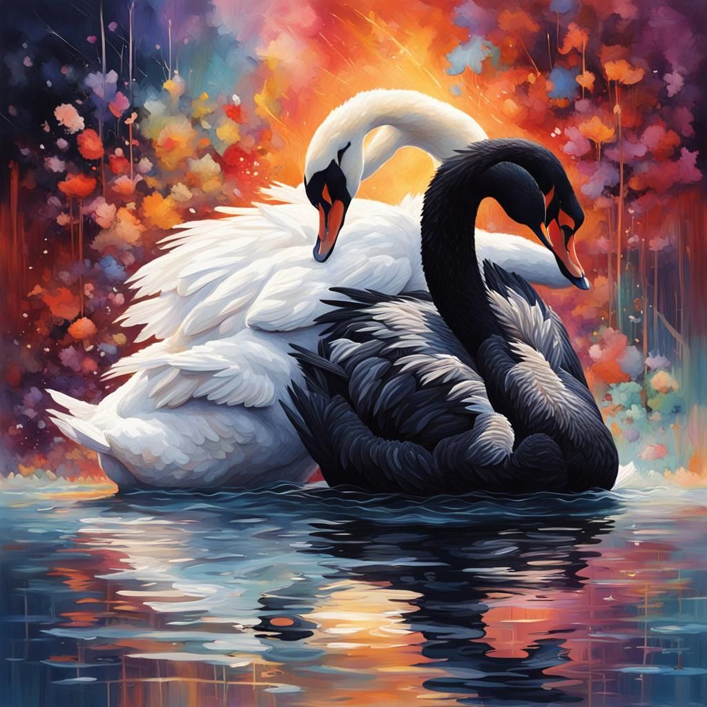 Black Swan and White Swan Embrace: Hyperrealistic Splash Art