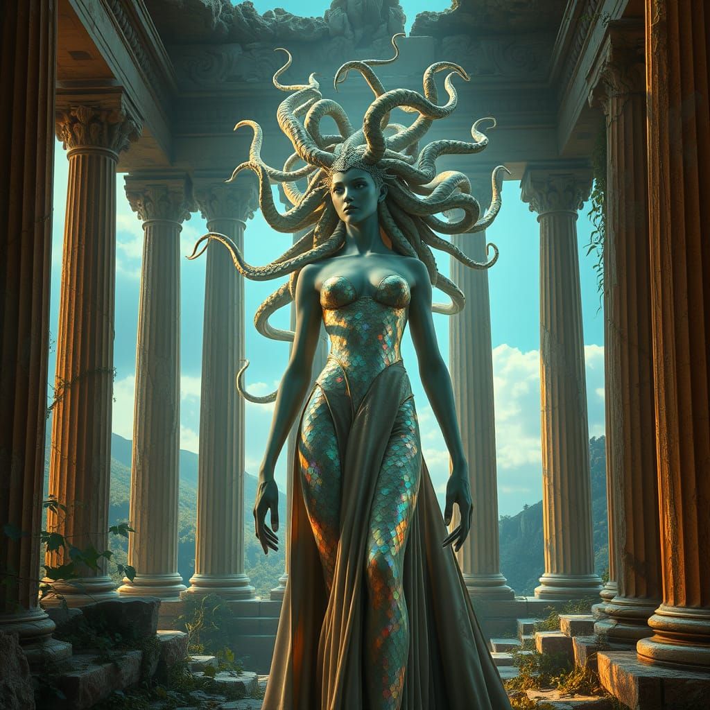Greek Goddess Medusa in Opal Scaled Armor, Enlightened Aura,...