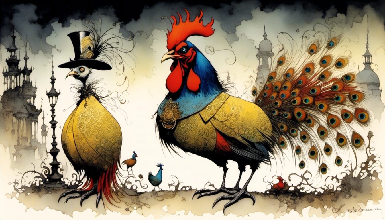 Whimsical Rooster-Peacock Hybrid in Gothic Art Style