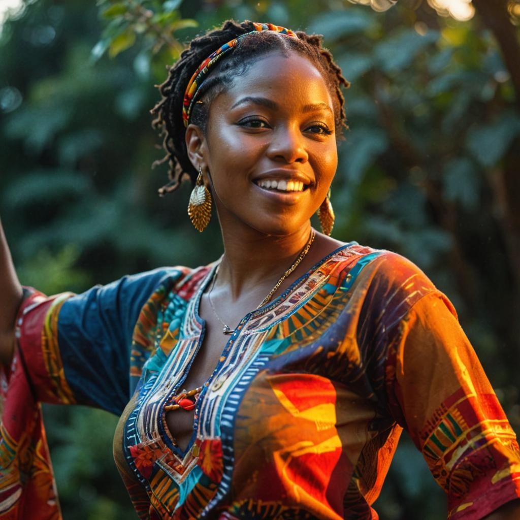 Vibrant African Woman Dancing in Golden Hour