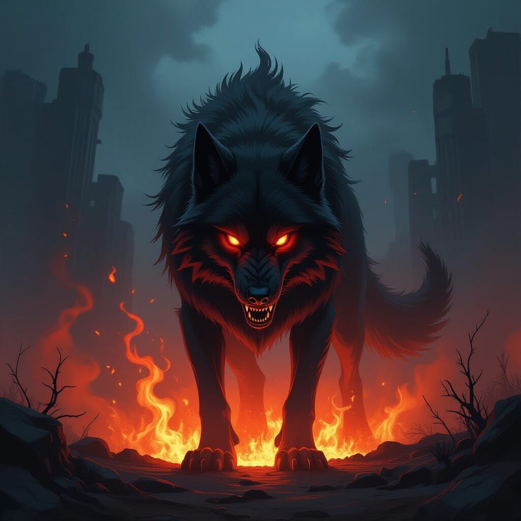 Fiery Hellhound in Dark Fantasy Landscape