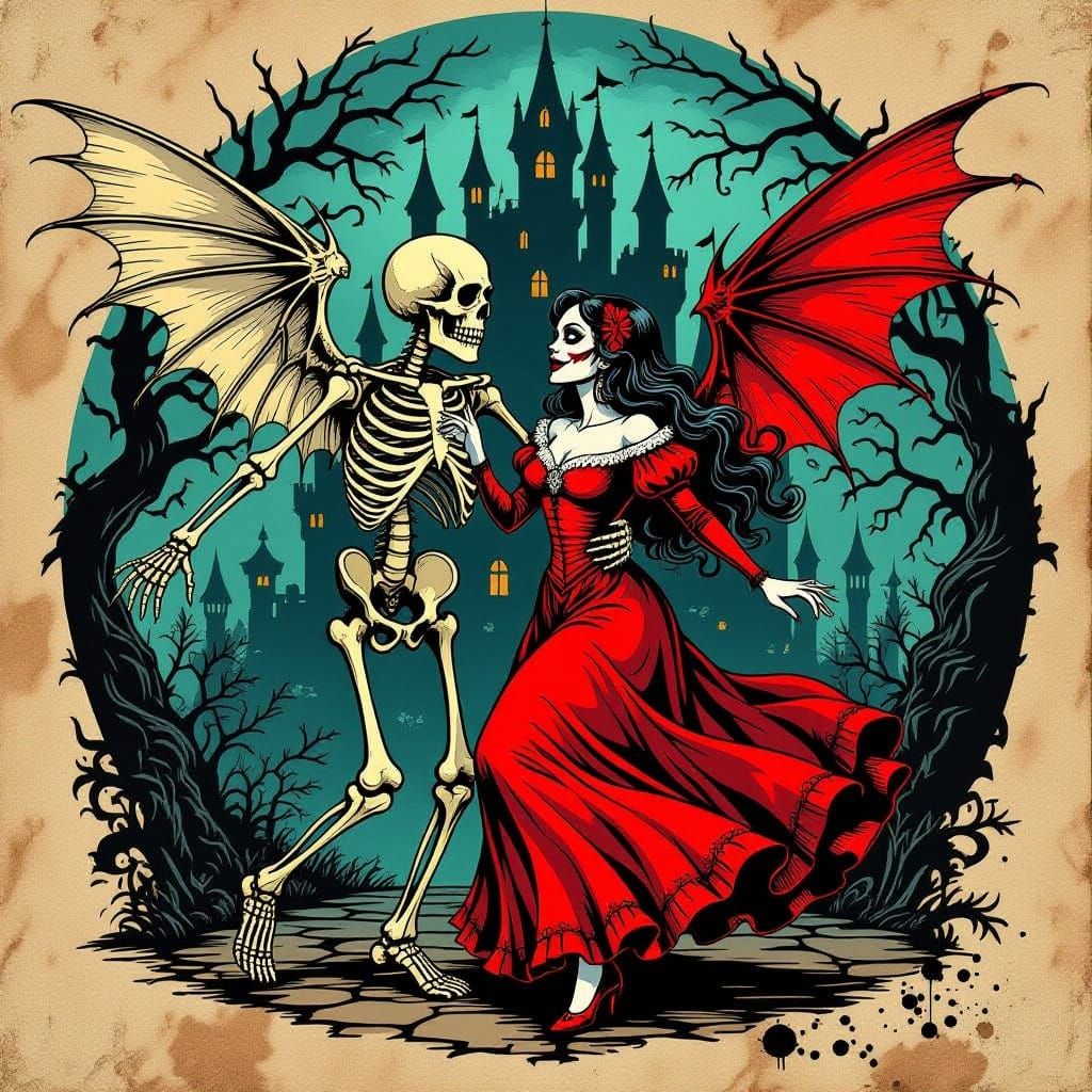 Skeleton and Vampire Dance: Golden Age Illustration