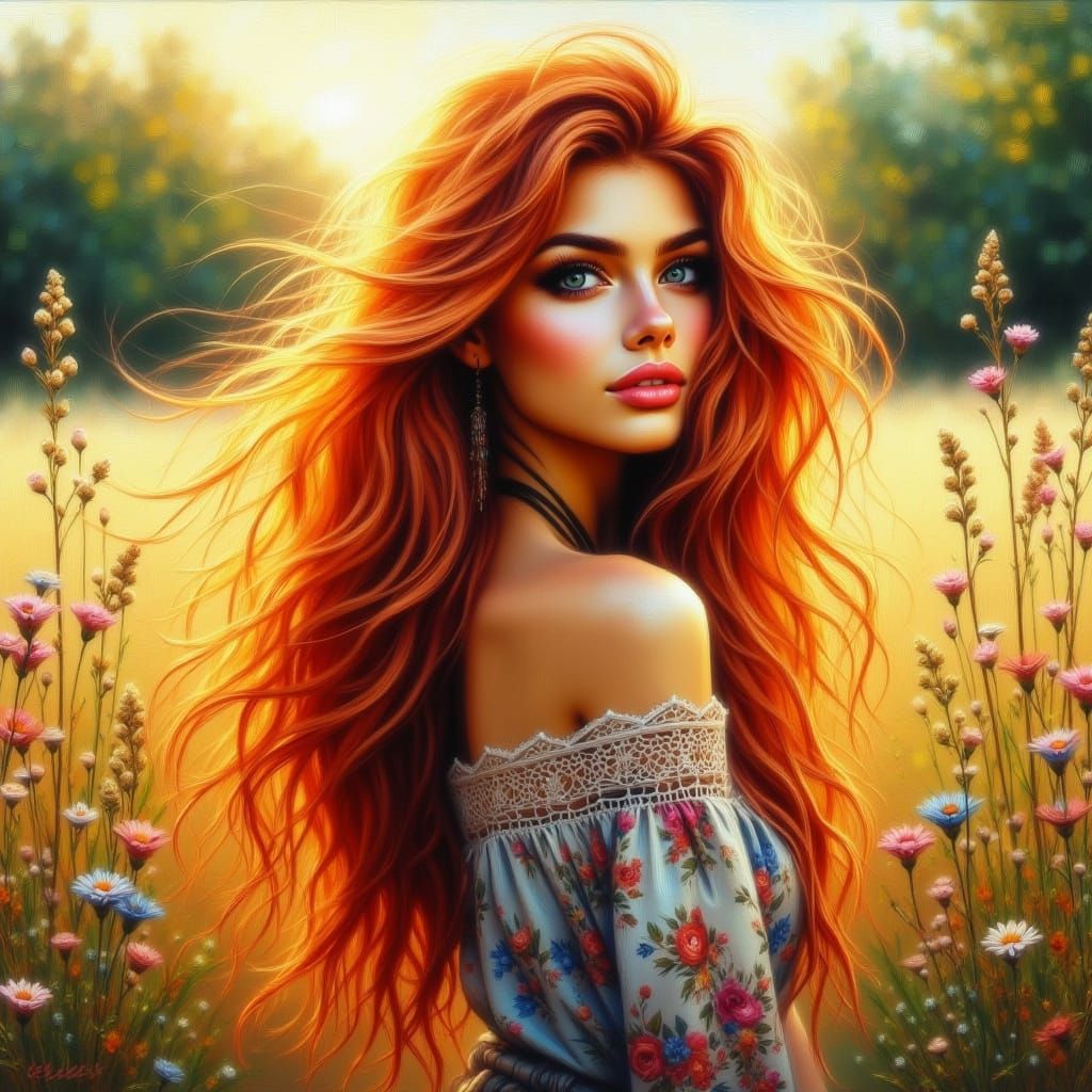 Redhead in Sunlit Meadow with Flowing Hair