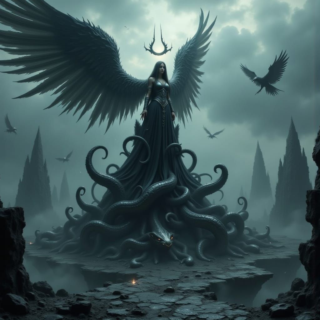 Dark Angel Soars Amidst Twisted Gothic Skyscrapers in a Haun...