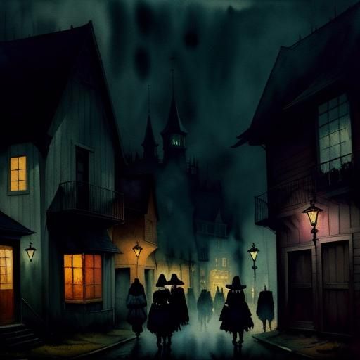 Unsettling Town with Creepily Smiling Occupants in Gouache S...