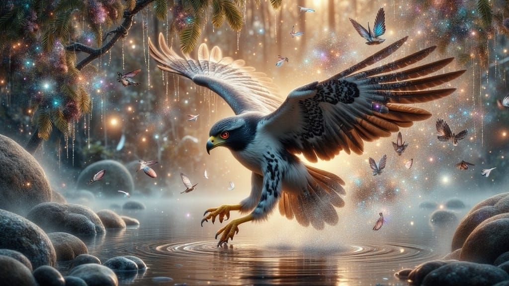 Majestic Peregrine Falcon Descends into Mystical Lake