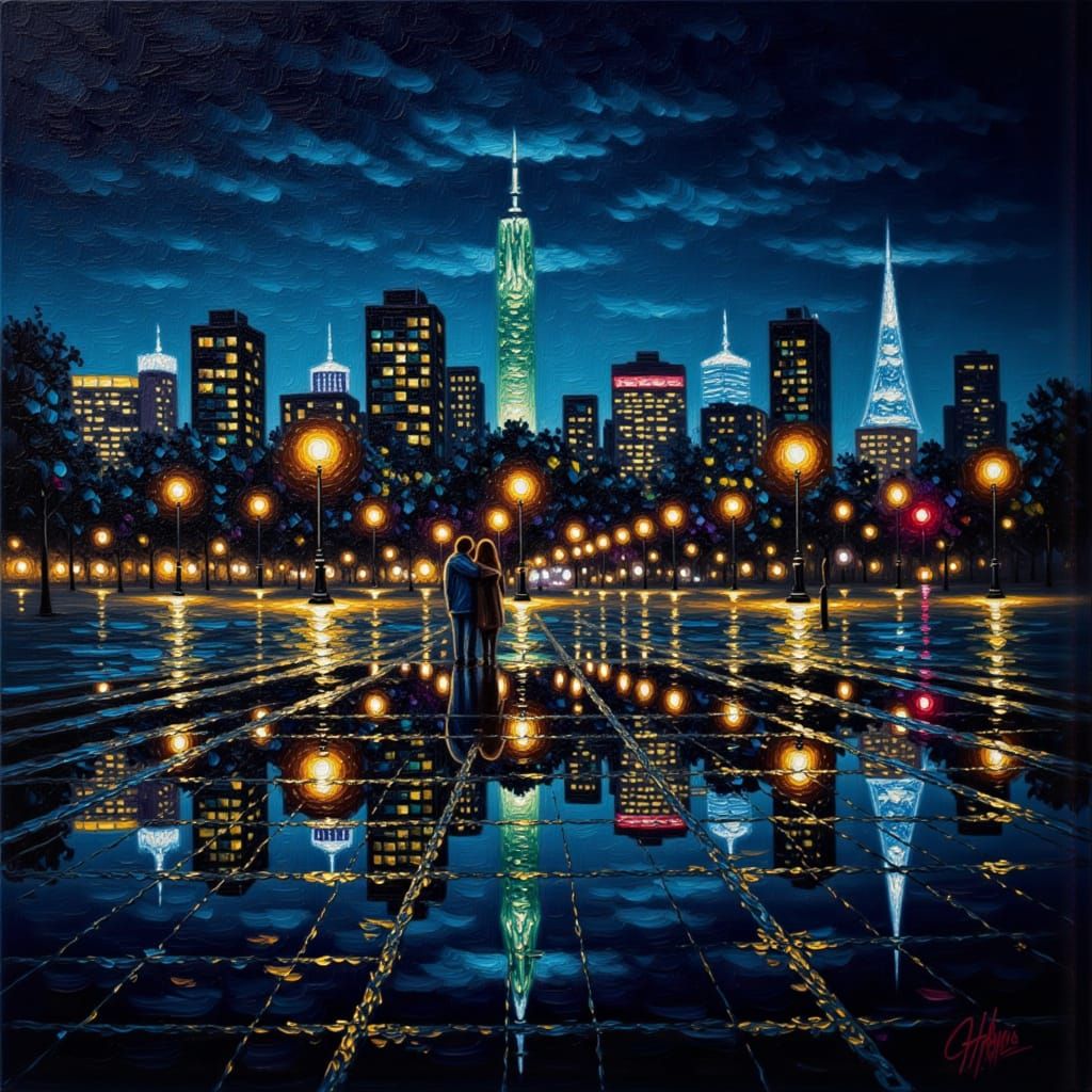 Night Cityscape in Impasto Oil Painting Style